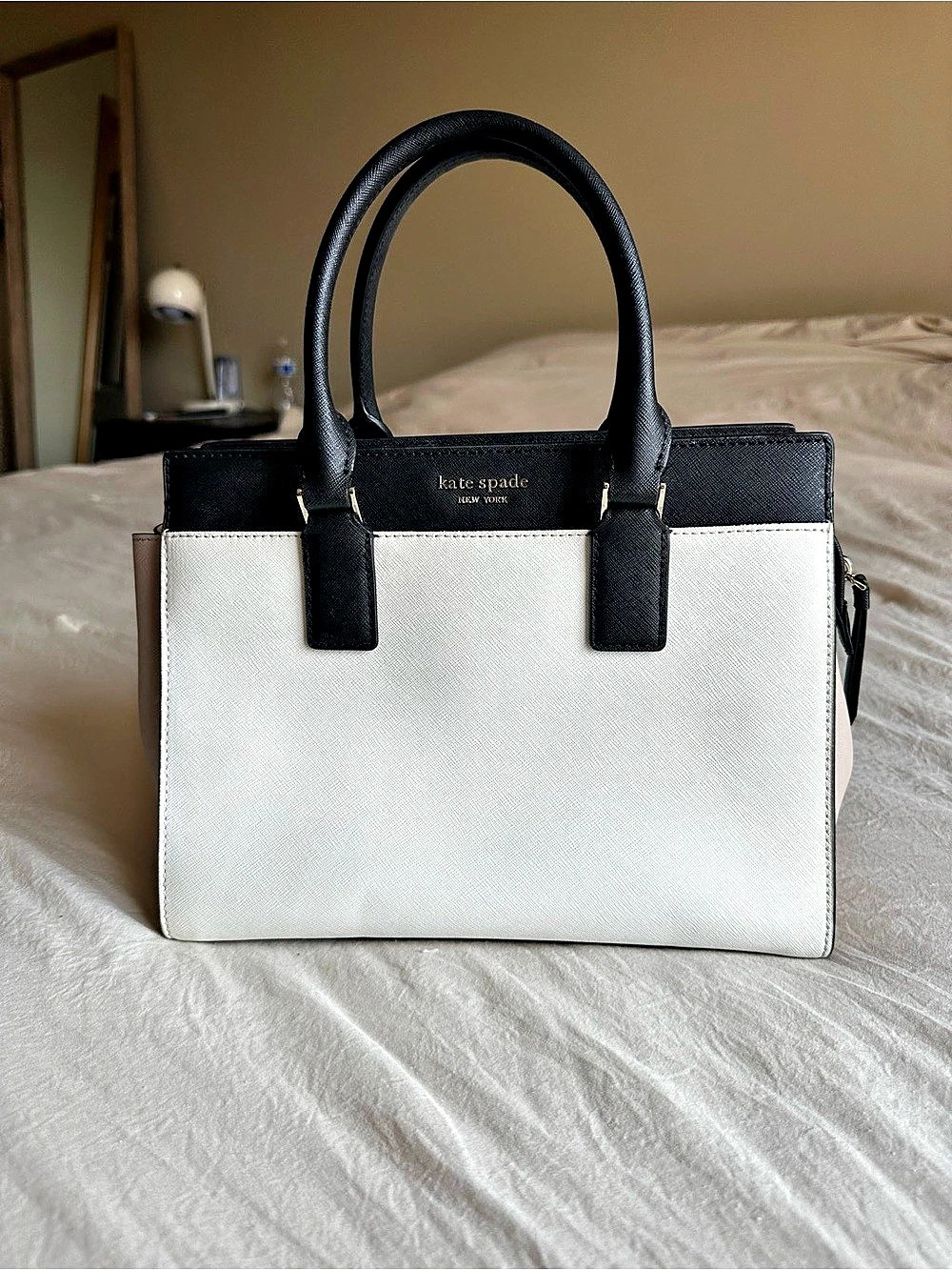 Kate Spade New York Colorblock Tote in White, Black, and tan